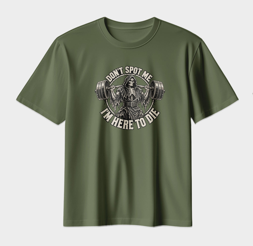 Don't Spot Me – I'm Here to Die | Grim Reaper Gym Graphic T-Shirt | Vintage Gothic Workout Streetwear