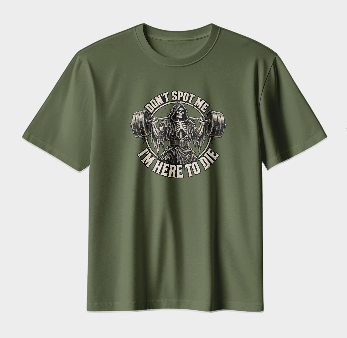 Don't Spot Me – I'm Here to Die | Grim Reaper Gym Graphic T-Shirt | Vintage Gothic Workout Streetwear
